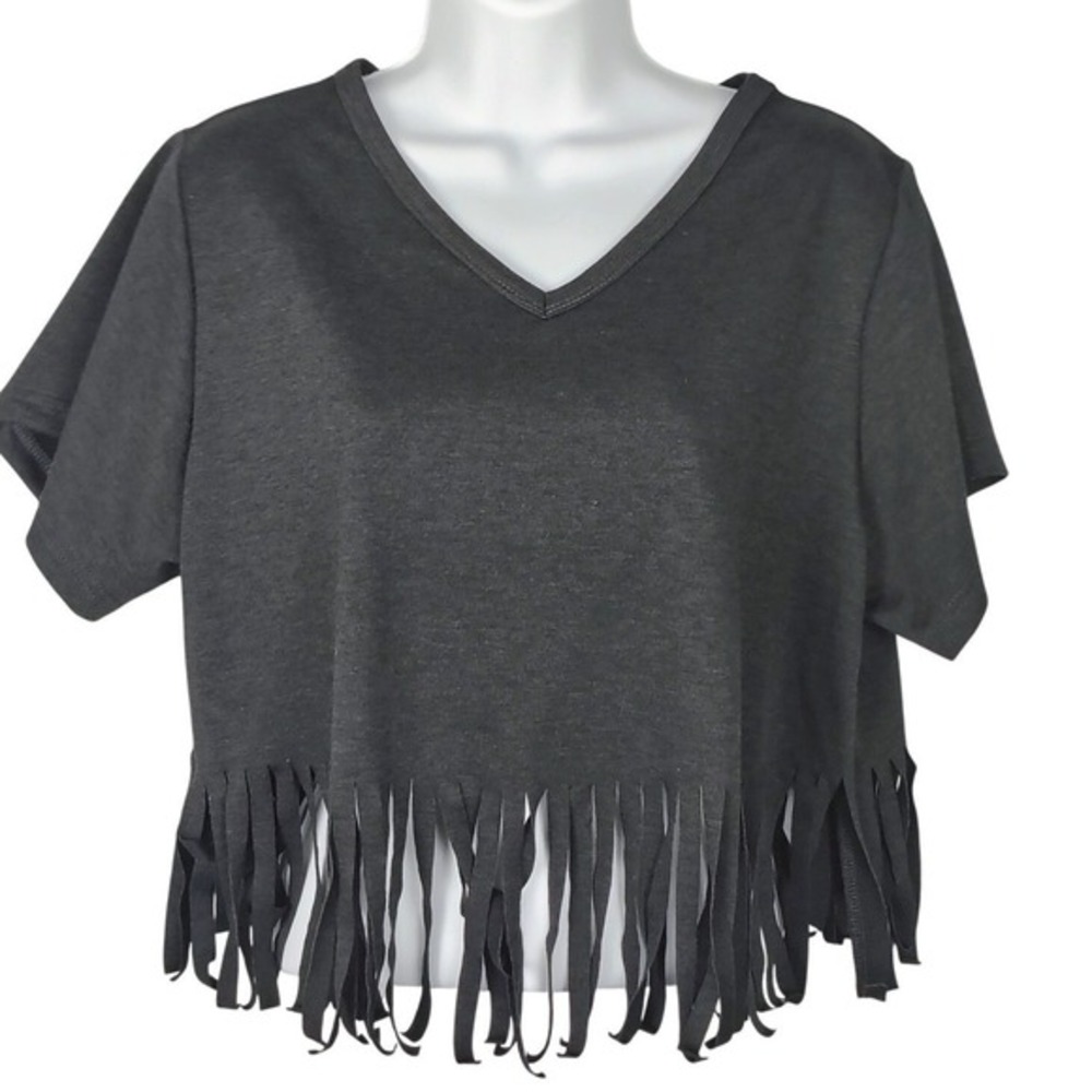 Charcoal  Fringe Hem V-Neck Crop Top T-Shirt M vtg y2k goth‎ romance grunge